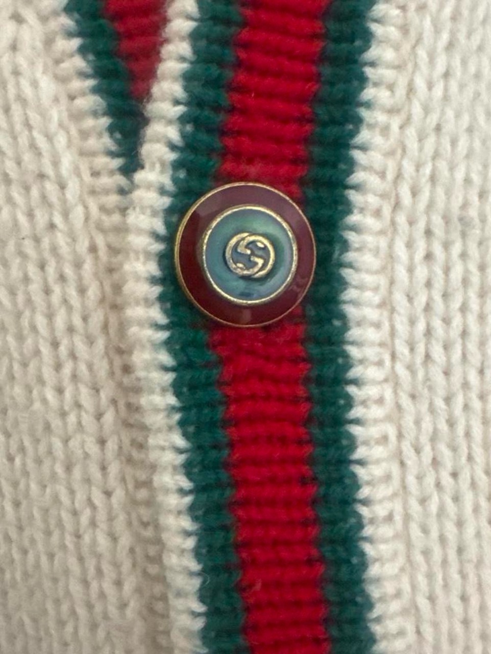 Gucci Cream Cable Knit Long Cardigan with Red & Green Trim and Yellow Patch - Picture 6 of 8